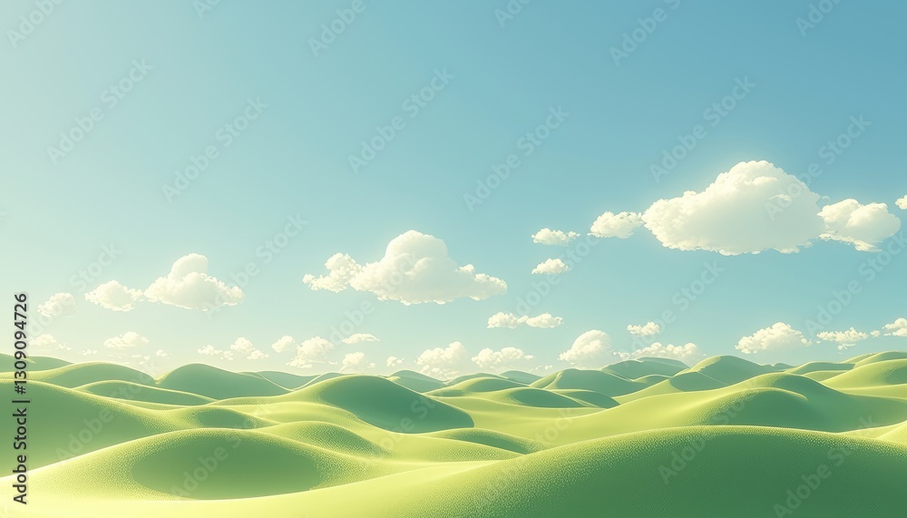 Rolling green hills stretch under a bright blue sky with clouds Rolling green hills stretch under a bright blue sky with clouds