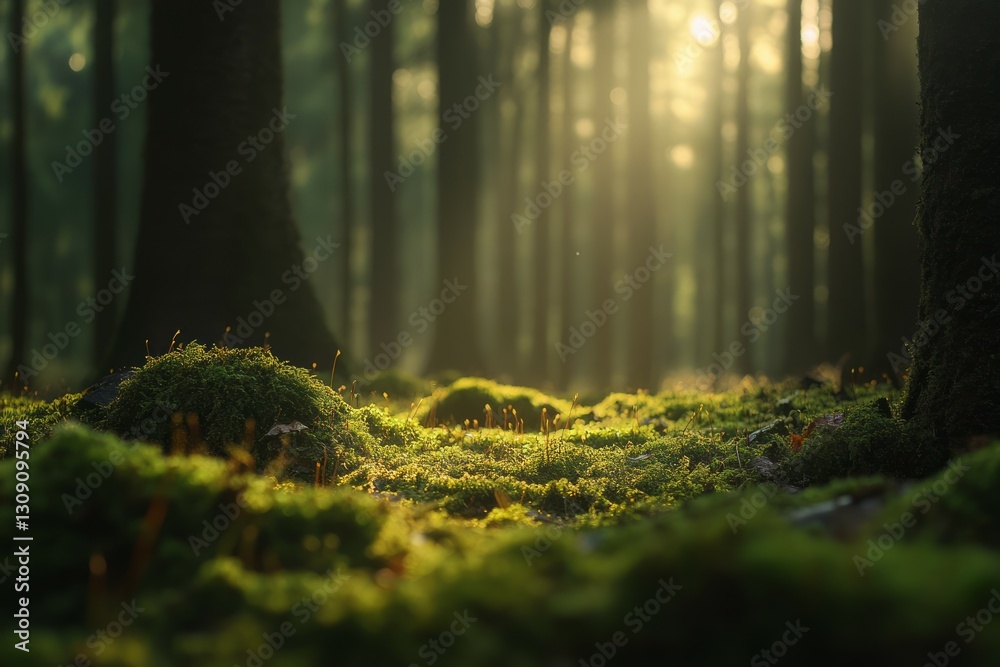 Sunlit mossy forest floor in serene atmosphere. Neural network AI generated Sunlit mossy forest floor in serene atmosphere. Neural network AI generated