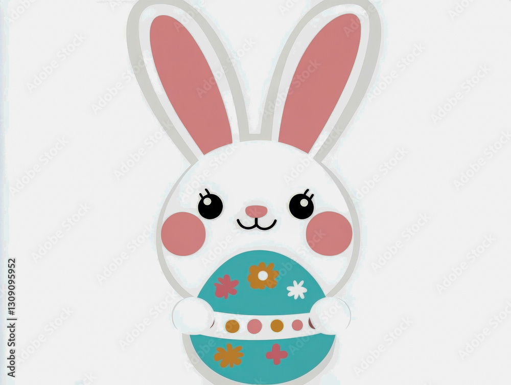 Obraz premium Cute white easter bunny holding decorated egg
