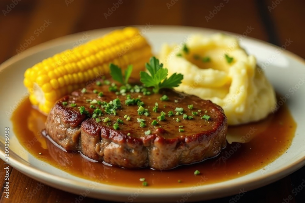 Savory Pan-Seared Steak with Creamy Mashed Potatoes and Grilled Corn on the Cob, a Delicious and Appealing Dinner Plate Savory Pan-Seared Steak with Creamy Mashed Potatoes and Grilled Corn on the Cob, a Delicious and Appealing Dinner Plate