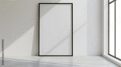 A large blank framed artwork on the wall of minimalist living room