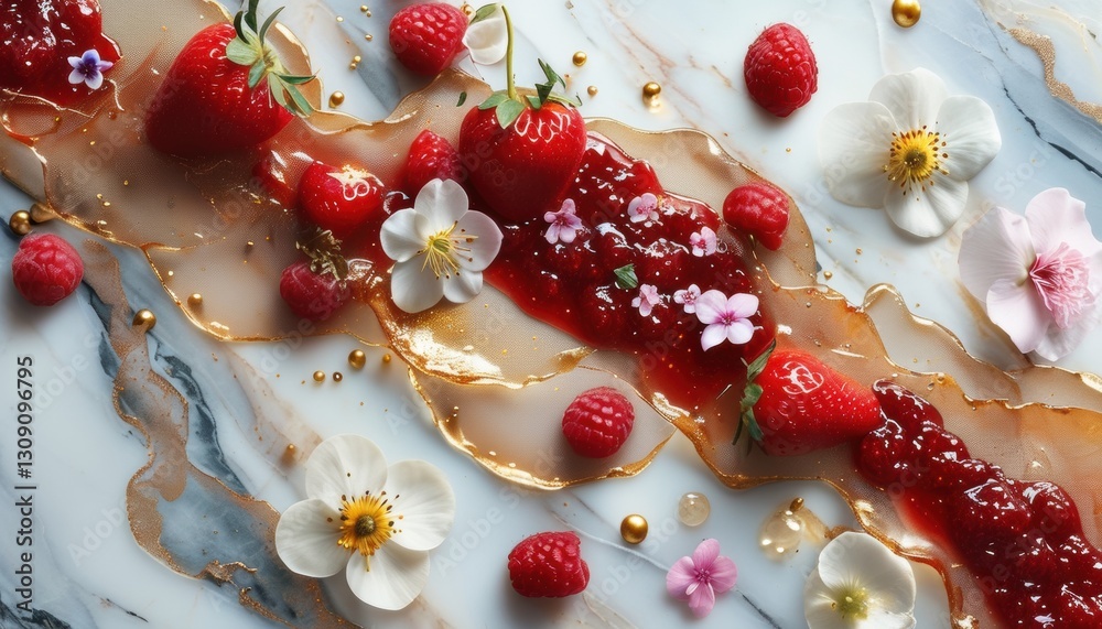 close up Elegant fine dining dessert presentation with fresh strawberries and edible flowers on marble plate. haute cuisine close up Elegant fine dining dessert presentation with fresh strawberries and edible flowers on marble plate. haute cuisine
