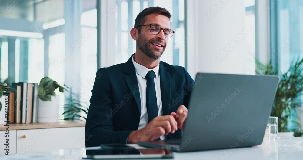Office, businessman and accountant with laptop for reading, financial investment and information. Career, happy person and auditor with digital for finance research, review revenue and report for tax