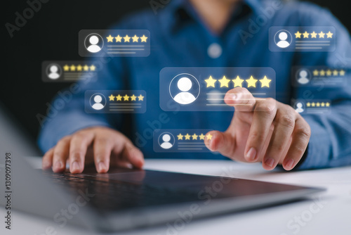 Customer feedback and review good rating concept, man in a business suit interacting with floating digital 5-star customer reviews. testimonial and testimony, user comment and feedback for review. photo