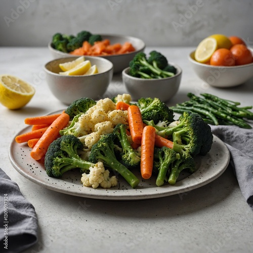 A close-up of battered fish dipped in tartar sauce, with a blurred white background.
A gourmet vegetable stir-fry with bell peppers, broccoli, carrots, and snap peas, tossed in soy sauce and sesame oi