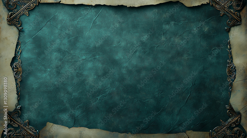 Obraz premium Vintage parchment background with ornate golden frame and textured teal surface, perfect for fantasy themes, medieval designs, or invitations