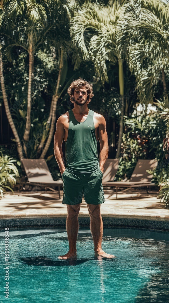 Fototapeta premium Muscular Man Posing by Poolside in Green Athletic Wear