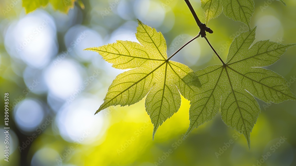 Close-Up of Two Vibrant Green Maple Leaves with Sunlight Bokeh Background Close-Up of Two Vibrant Green Maple Leaves with Sunlight Bokeh Background