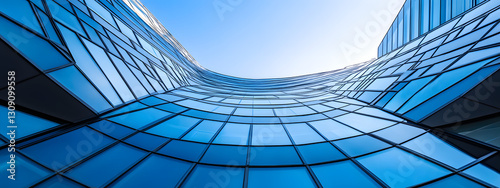 A modern office building with curved glass windows
