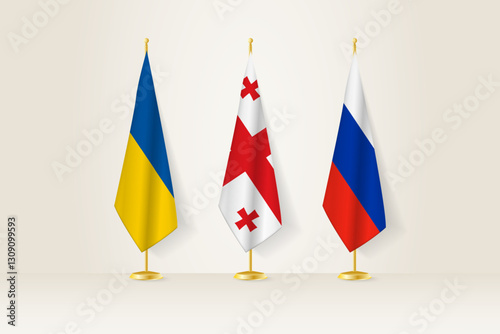 Diplomatic Meeting Representation, Ukraine, Georgia and Russia Flags. Flags on Diplomatic Stands.