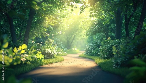 A winding pathway surrounded by lush green trees and bright sunlight