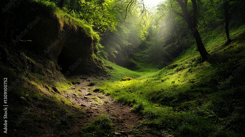 Sunlit Forest Path Leading to a Dark Cave Sunlit Forest Path Leading to a Dark Cave
