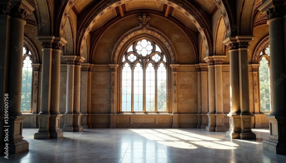 Grand hall with high ceilings and large stone windows, ornate details, stone window, pediment Grand hall with high ceilings and large stone windows, ornate details, stone window, pediment