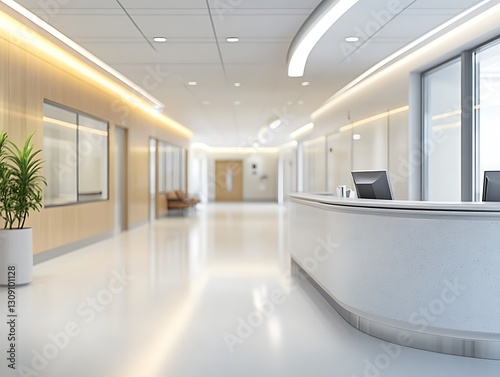 A professional hospital reception area with blurred hallway background, emphasizing a warm and clean space that invites visitors and patients to experience efficient care
