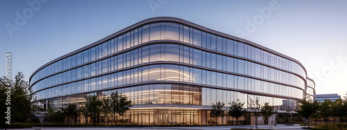 A modern office building with curved glass windows
