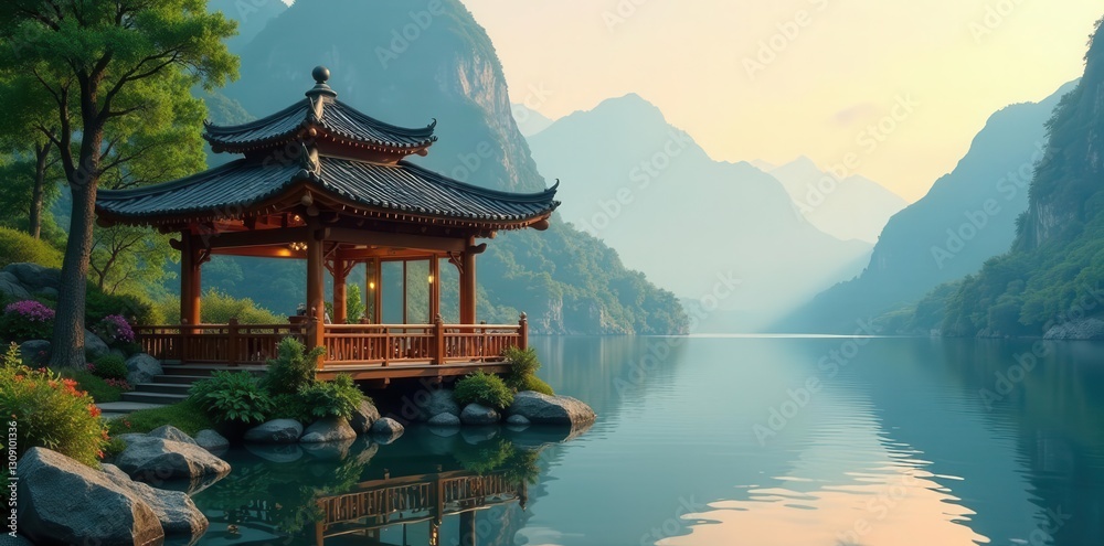 Obraz premium Serene Pavilion by Still Waters, Nestled Amongst Misty Mountains and Lush Greenery