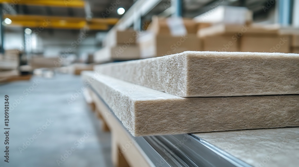 Beige panels stacked on factory floor, ready for transport, blurry boxes behind Beige panels stacked on factory floor, ready for transport, blurry boxes behind