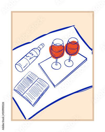  a picnic blanket with two glasses of red wine, a bottle of wine and an open book