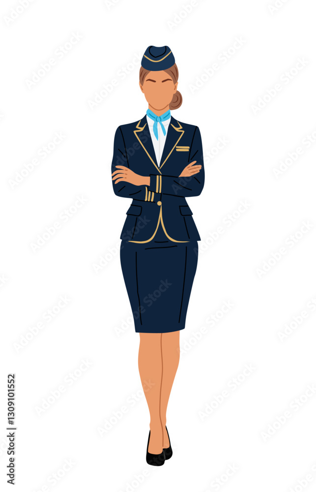 A high-quality, realistic vector illustration of a beautiful female flight attendant standing in full length. Young woman dressed in a professional airline uniform. Isolated on transparent backgground A high-quality, realistic vector illustration of a beautiful female flight attendant standing in full length. Young woman dressed in a professional airline uniform. Isolated on transparent backgground