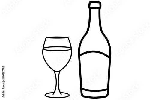 Wine glass and bottle minimal line sketch