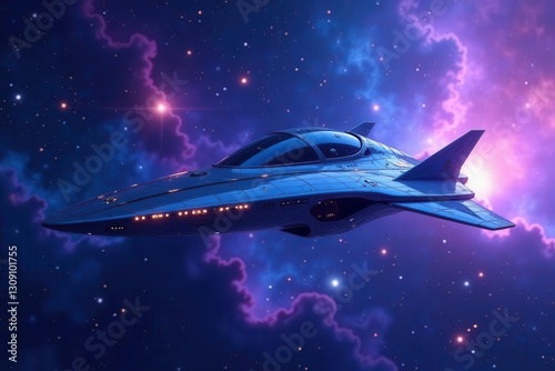 Wallpaper Mural A futuristic spacecraft glides through a vibrant nebula, its sleek design illuminated by distant stars and cosmic dust Torontodigital.ca