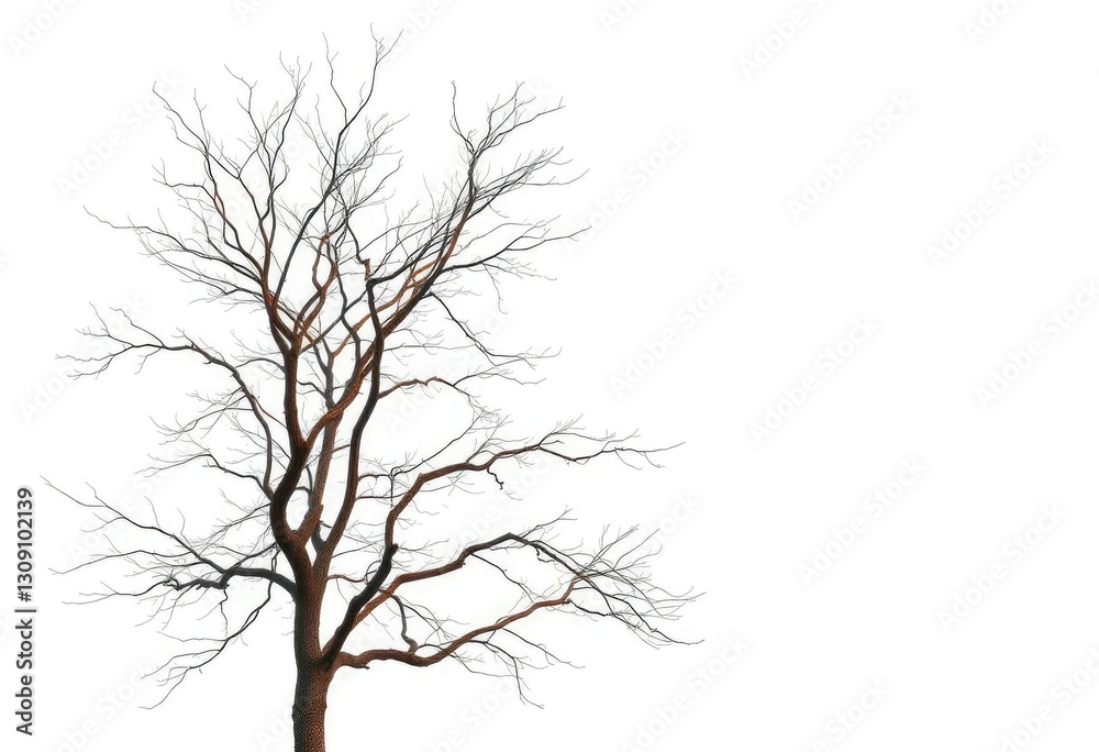 Fototapeta premium Lone deciduous tree, stark branches against bright white, backdrop, calm
