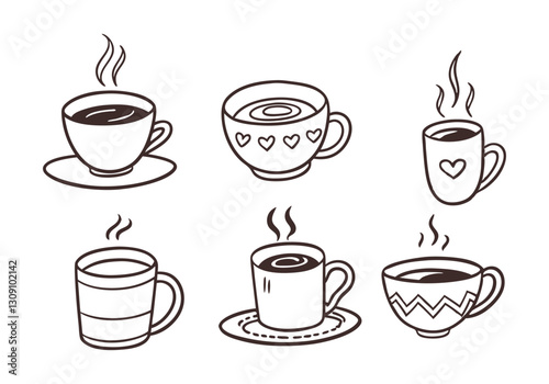 Hand-drawn hot drinks set with doodle-style on a white background. Includes coffee, tea, cappuccino, espresso, latte, americano, and hot chocolate. Vector illustration