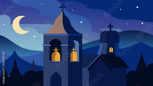 The faint sound of church bells echoing from the steeple in the quiet dawn.. Vector illustration