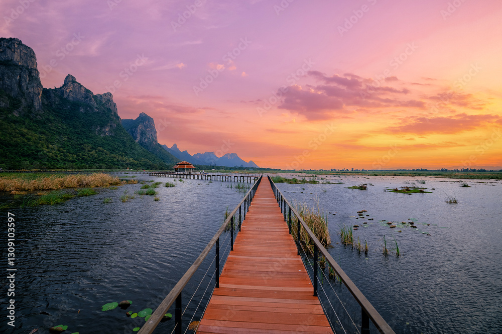 Obraz premium Scenic wooden bridge over lotus lake at sunset in khao sam roi yot national park, thailand