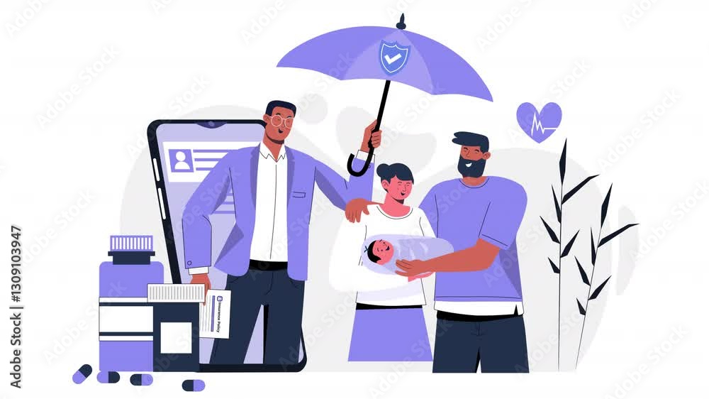 A dynamic flat character animation showcasing individuals and families securing health insurance for medical needs. A dynamic flat character animation showcasing individuals and families securing health insurance for medical needs.