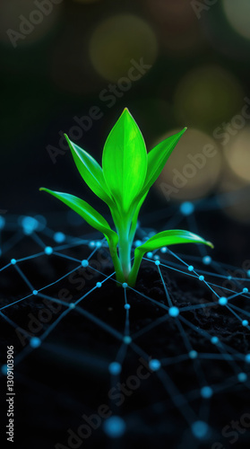 Smart farming, eco-tech concept. Modern blend, agriculture and high tech. Plant sprouts from soil with digital neural AI network glowing blue low poly grid dots overlay, tech-enabled enhanced growth