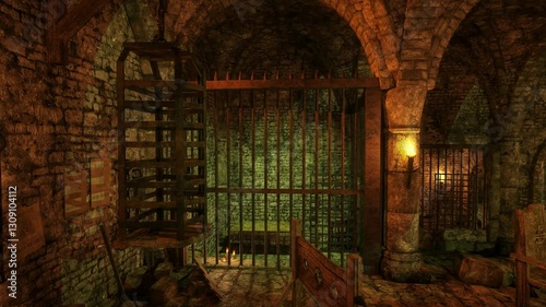 Wallpaper Mural Medieval dungeon with prison cell and stocks. 3D animation. Torontodigital.ca