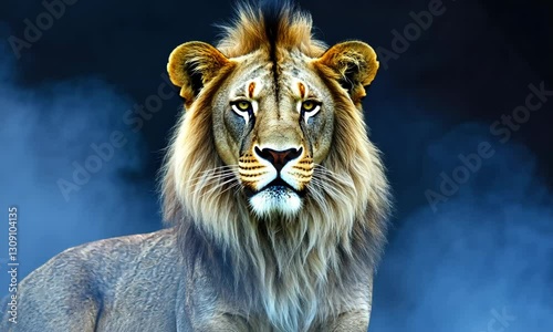 Majestic lion gazing into the distance amidst a misty backdrop, showcasing its powerful presence