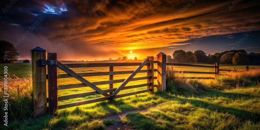 Fototapeta premium Dark rural landscape: a weathered wooden gate stands in shadowy twilight.