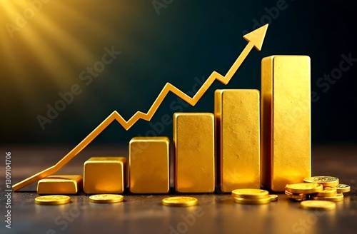Investment in gold bars, economic growth, profit from securities stocks. save money for investment, growing stock funding exchange chart arrow going up. concept of growing economy. dark background