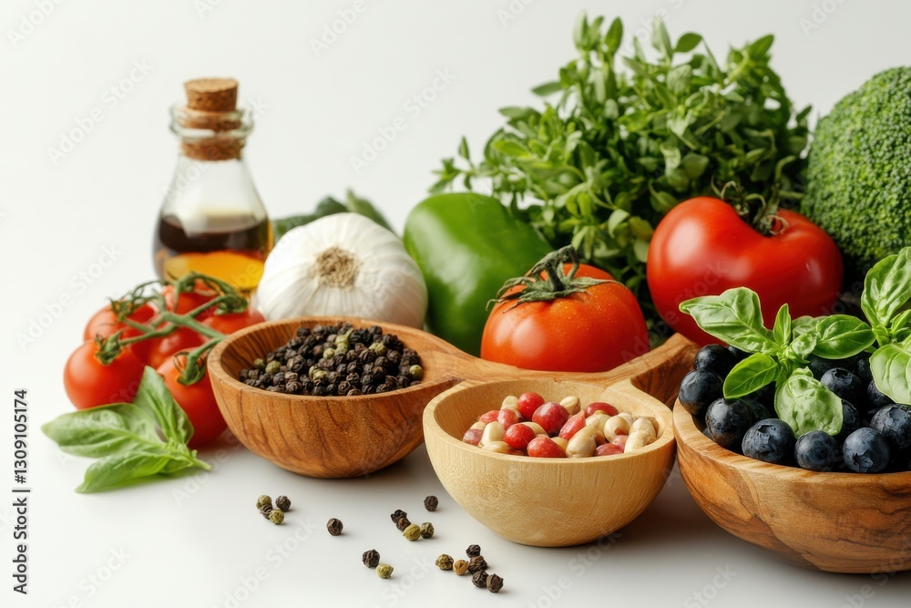Fresh Vegetables and Spices on White Background for Healthy Cooking Fresh Vegetables and Spices on White Background for Healthy Cooking
