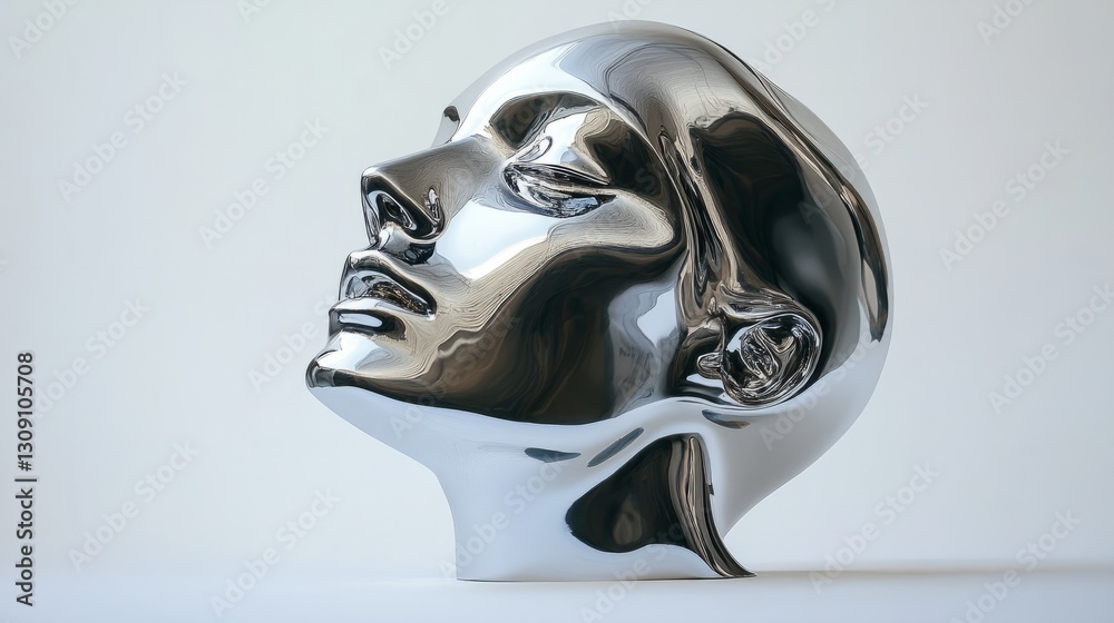 custom made wallpaper toronto digitalA contemporary abstract sculpture head, made of polished metal, displayed on a plain white background for a striking contrast