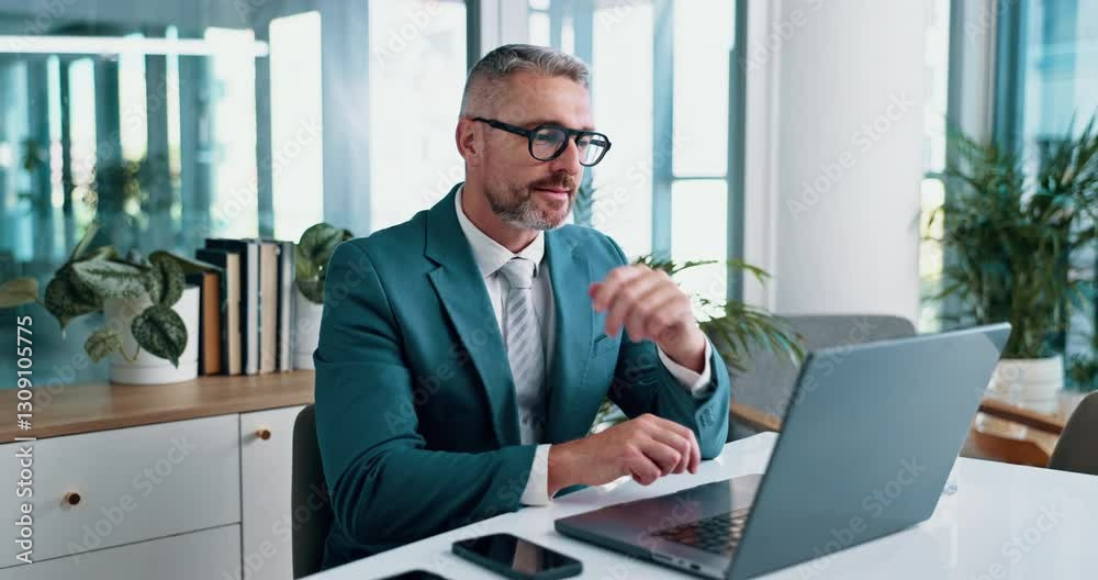 Laptop, typing and mature with business man in office for review, company report or newsletter. Client records, idea and accountant with employee in agency for planning, admin and project solution Laptop, typing and mature with business man in office for review, company report or newsletter. Client records, idea and accountant with employee in agency for planning, admin and project solution