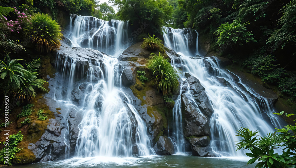 Fototapeta premium Cascading waterfall flowing over rocky terrain amidst lush greenery serene and natural scene