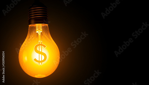 Lightbulb dollar energy finance electricity savings economy business investment innovation success wealth power idea money cost glow efficiency sustainability dark background illumination creativity