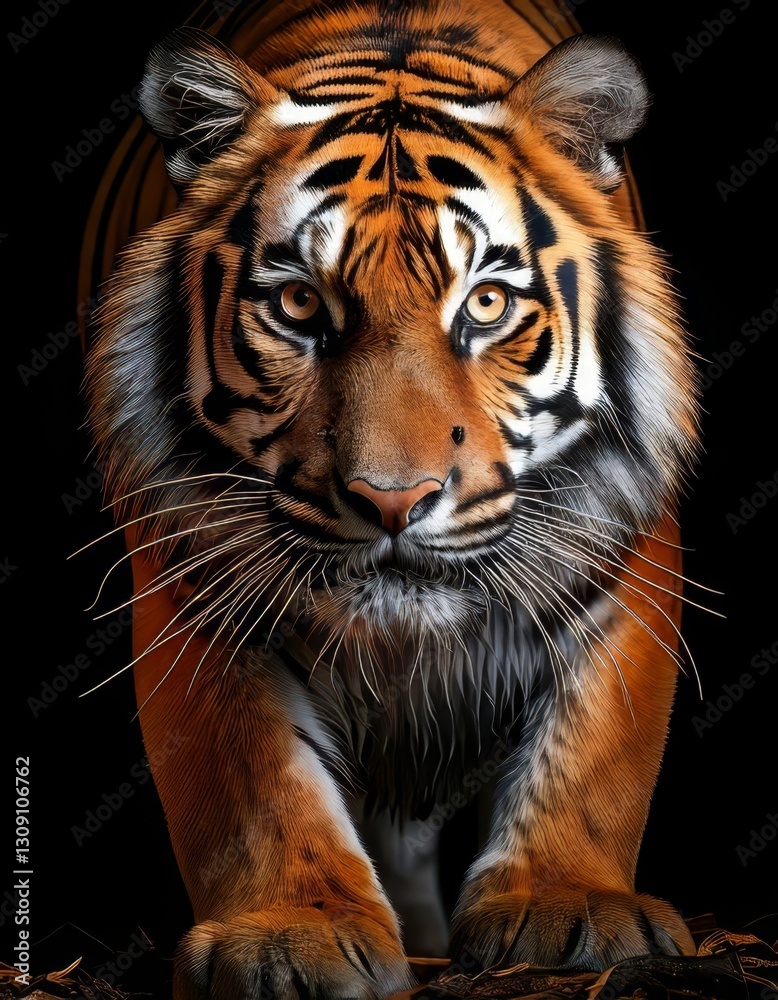Naklejka premium Generated imageStriking close-up portrait of a tiger with a direct gaze, set against a dark background, highlighting its majestic features.