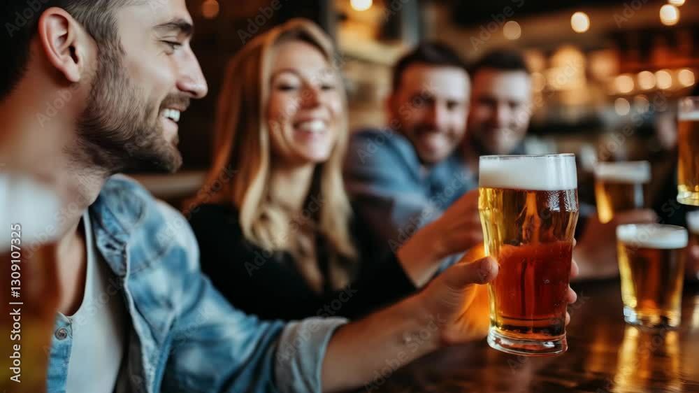 Happy young friends toasting with beer glasses in pub Happy young friends toasting with beer glasses in pub