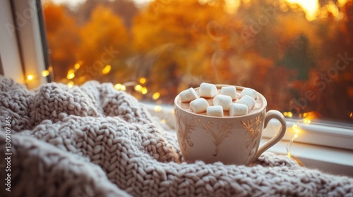 Wallpaper Mural Cozy autumn scene with hot chocolate and marshmallows by the window Torontodigital.ca