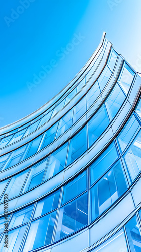 A modern office building with curved glass windows
