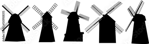 windmills silhouette set, vector on white background