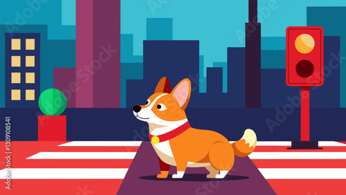 On a bustling city street a welltrained corgi stops at every street corner patiently waiting for the red light to change as part of his adorably. Vector illustration