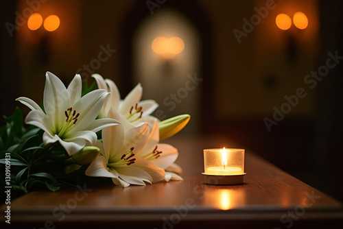 Luxury wooden Coffin with a flower arrangement  photo