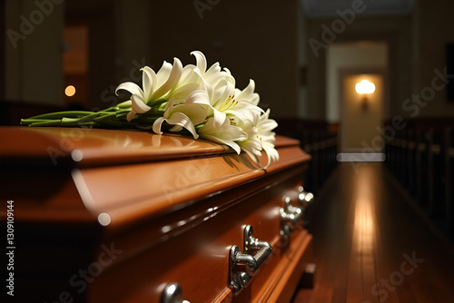 Luxury wooden Coffin with a flower arrangement  photo