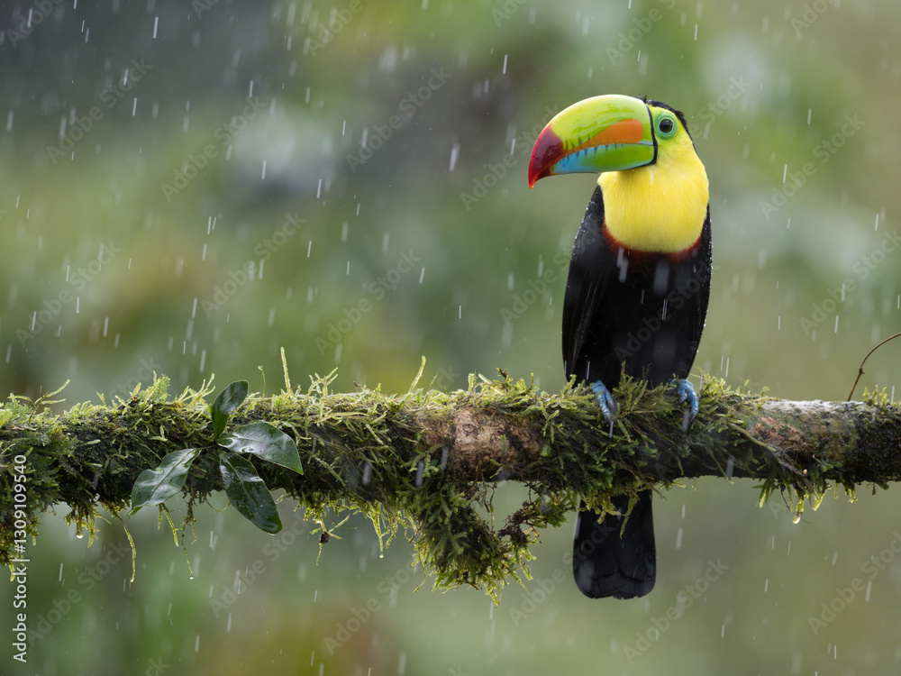 Obraz premium Keel-billed Toucan, Ramphastos sulfuratus, in the rain, also known as Sulfur-breasted or Rainbow-billed Toucan, Costa Rica