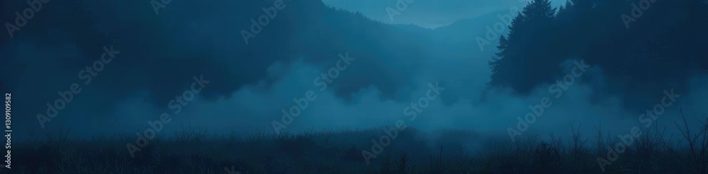 Fototapeta premium Dark mist rises from the ground softly blending into a dark background, ambiance, foggy night